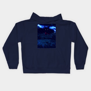 Digital collage and special processing. I am standing in field, and big, dark monster looking on me. Red and blue, dotted blue lines. Kids Hoodie